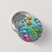 Farbenfrohe Unterwasserszene mit spielerischem Mee Button (Vorne & Hinten)