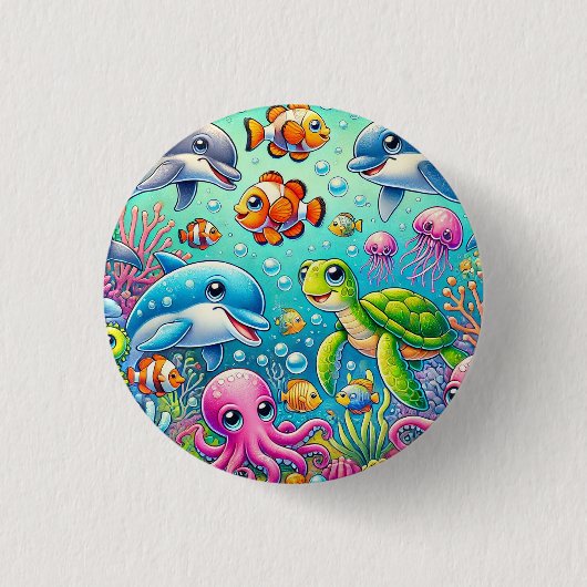 Farbenfrohe Unterwasserszene mit spielerischem Mee Button (Vorderseite)