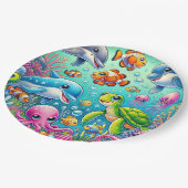 Farbenfrohe Unterwasserszene mit spielerischem Mee Pappteller (Schrägansicht)