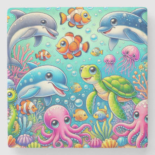 Farbenfrohe Unterwasserwelt 🌊🐠 Spielender Ozean Steinuntersetzer