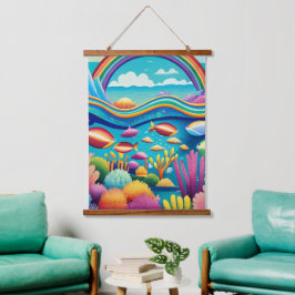 Farbenfrohe Unterwasserwelt unter dem Regenbogen Wandteppich Mit Holzrahmen