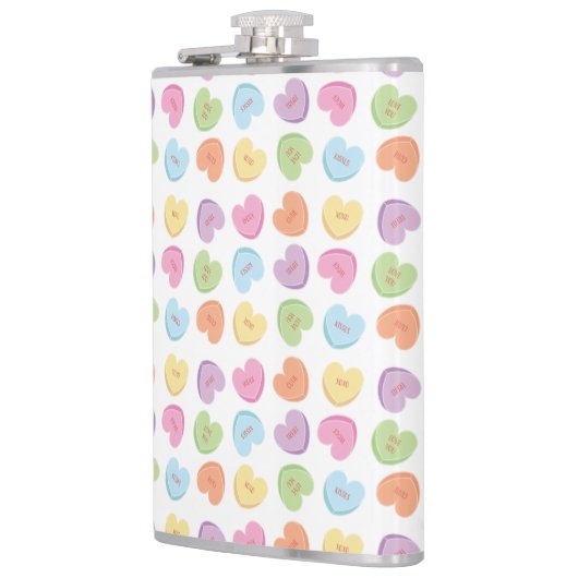 Farbenfrohe Valentine Candy Hearts Papier Unterset Flachmann (Links)