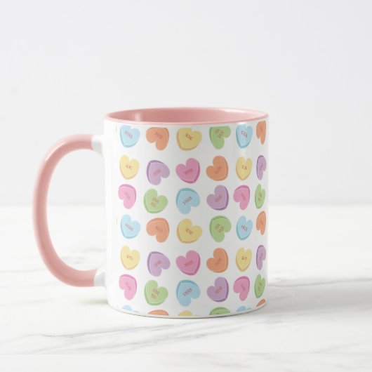 Farbenfrohe Valentine Candy Hearts Untersetzer Tasse (Links)
