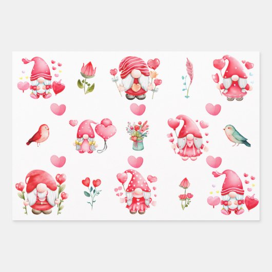 Farbenfrohe Valentine Gnomes Set von 3 verschieden Geschenkpapier Set (Vorderseite)
