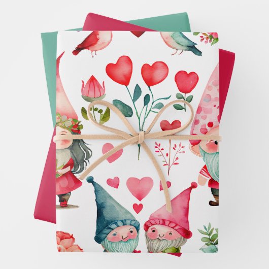 Farbenfrohe Valentine Gnomes Set von 3 verschieden Geschenkpapier Set (Beispiel)