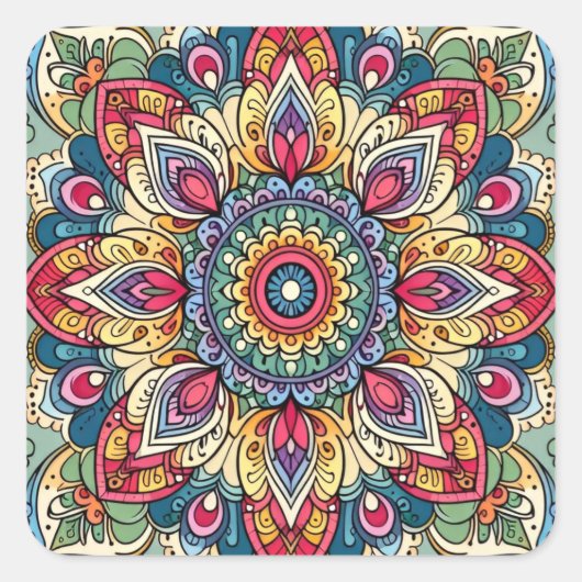 Farbenfrohe Vector Abstrakt Mandala Muster Quadratischer Aufkleber (Vorderseite)