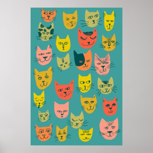 Farbenfrohe, verrückte Katzen-Illustration Poster (Vorne)