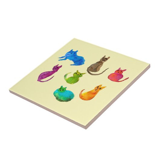 Farbenfrohe verrückte Katzen in Aquarellfarben Fliese (Seite)