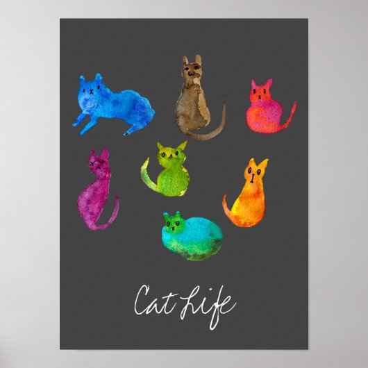Farbenfrohe verrückte Katzen in Aquarellfarben Poster (Vorne)