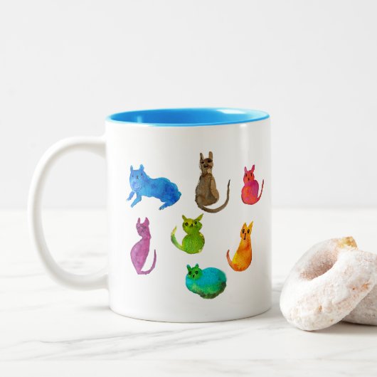Farbenfrohe verrückte Katzen in Aquarellfarben Zweifarbige Tasse (Mit Donut)