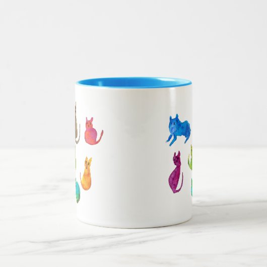 Farbenfrohe verrückte Katzen in Aquarellfarben Zweifarbige Tasse (Mittel)
