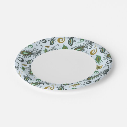 Farbenfrohe verschiedene Federn Pappteller (Schrägansicht)