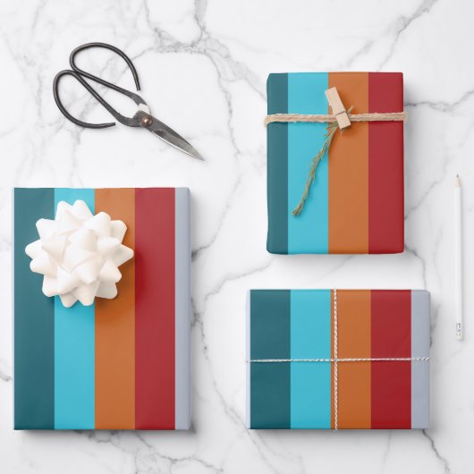 Farbenfrohe vertikale Retro-Streifen Geschenkpapier Set (Vorderseite)