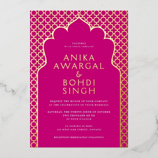 Farbenfrohe Verzierte indische Fensterwand Hochzei Folieneinladung (Vorderseite)