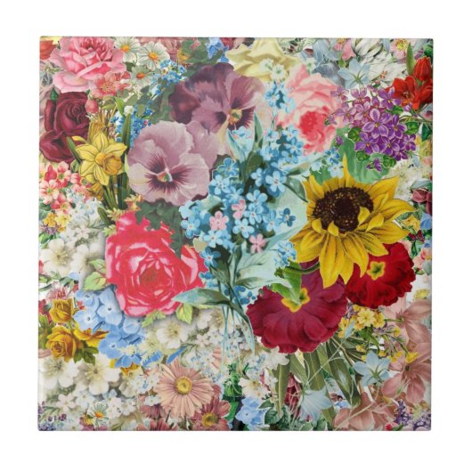 Farbenfrohe Vintage-Blumen Fliese (Vorderseite)