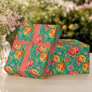 Farbenfrohe Vintage-Blumen-Turquoise-Pink Geschenkpapier