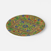Farbenfrohe Vintage Blumenmuster mit Vögeln Pappteller (Schrägansicht)
