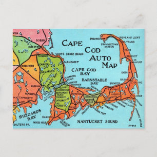 Farbenfrohe Vintage Cape Cod Map Postkarte