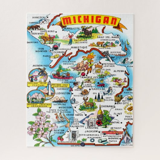 Farbenfrohe Vintage Michigan Karte Jigsaw Puzzle (Vertikal)