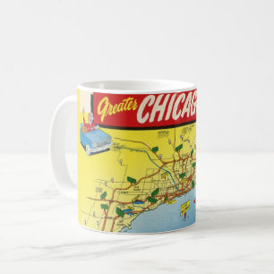 Farbenfrohe Vintage Postkartenkarte von Chicago Kaffeetasse