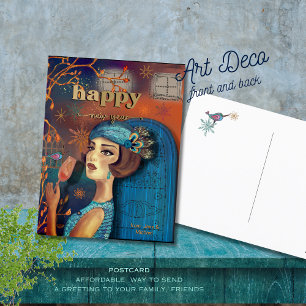 Farbenfrohe Vintage Retro Happy NEW YEAR Postkarte