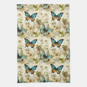 Farbenfrohe Vintage-Schmetterlinge und Blumen Geschirrtuch