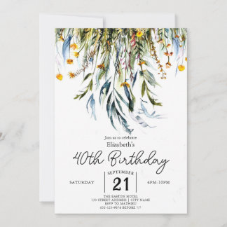 Farbenfrohe Vintage Wildblumen 40. Geburtstag Einladung
