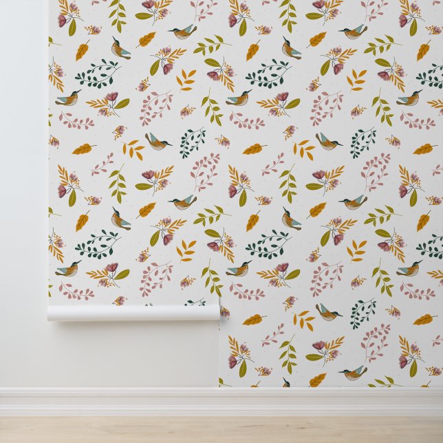 Farbenfrohe Vögel auf blumengeschmücktem Hintergru Tapete (Anwendung)