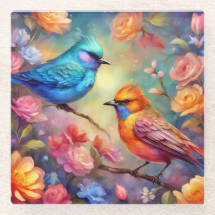 Farbenfrohe Vögel auf dem Zweig Rosa Blaue Vögel 9 Glasuntersetzer