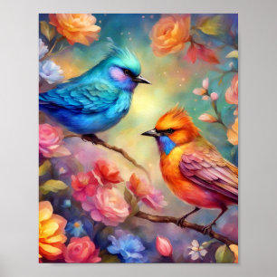 Farbenfrohe Vögel auf dem Zweig Rosa Blaue Vögel 9 Poster