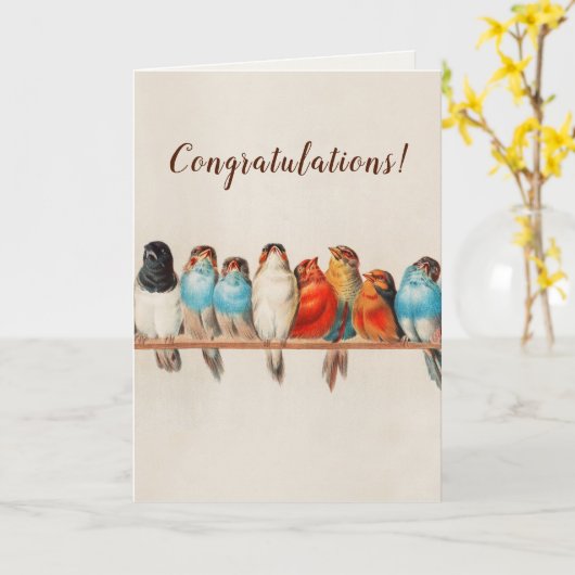 Farbenfrohe Vögel auf einem Zweig Glückwunsch Karte (Gelbe Blume)