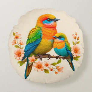 Farbenfrohe Vögel auf einem Zweig Rundes Kissen