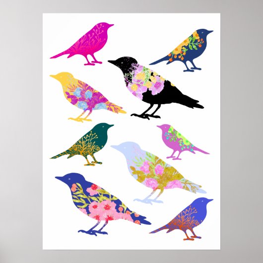 Farbenfrohe Vögel Blume Blätter Chic Floral Animal Poster (Vorne)