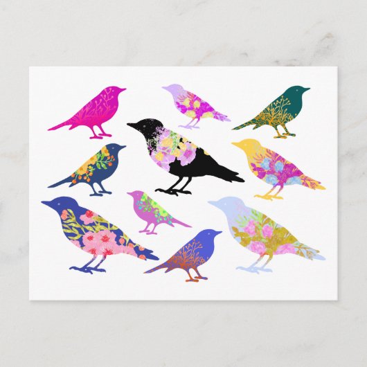 Farbenfrohe Vögel Blume Blätter Chic Floral Animal Postkarte (Vorderseite)