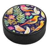 Farbenfrohe Vögel Blumenmuster blaue Dekoration Eishockey Puck (3/4)