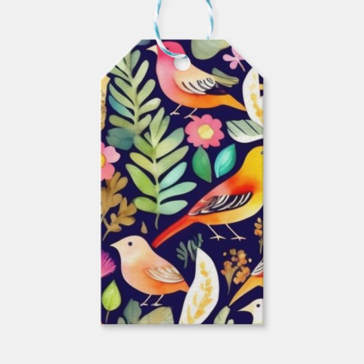 Farbenfrohe Vögel Blumenmuster blaue Dekoration Geschenkanhänger (Vorderseite)