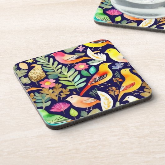 Farbenfrohe Vögel Blumenmuster blaue Dekoration Getränkeuntersetzer (Linke Seite)