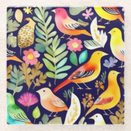 Farbenfrohe Vögel Blumenmuster blaue Dekoration Glasuntersetzer