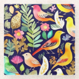 Farbenfrohe Vögel Blumenmuster blaue Dekoration Glasuntersetzer