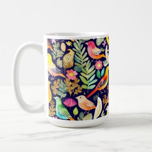 Farbenfrohe Vögel Blumenmuster blaue Dekoration Kaffeetasse (Links)