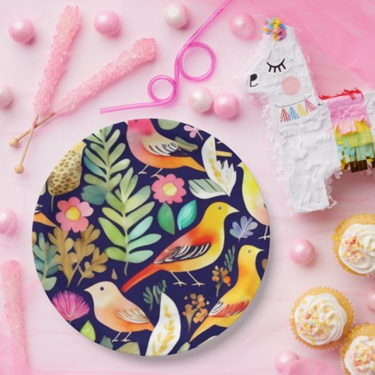 Farbenfrohe Vögel Blumenmuster blaue Dekoration Pappteller (Party)