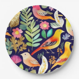 Farbenfrohe Vögel Blumenmuster blaue Dekoration Pappteller