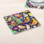 Farbenfrohe Vögel Blumenmuster blaue Dekoration Rechteckiger Pappuntersetzer (angewinkelt)