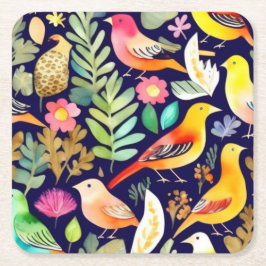 Farbenfrohe Vögel Blumenmuster blaue Dekoration Rechteckiger Pappuntersetzer
