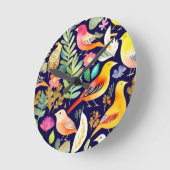 Farbenfrohe Vögel Blumenmuster blaue Dekoration Runde Wanduhr (Winkel)