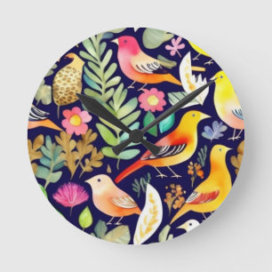 Farbenfrohe Vögel Blumenmuster blaue Dekoration Runde Wanduhr
