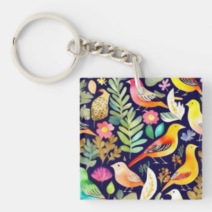 Farbenfrohe Vögel Blumenmuster blaue Dekoration Schlüsselanhänger