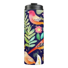 Farbenfrohe Vögel Blumenmuster blaue Dekoration Thermosbecher