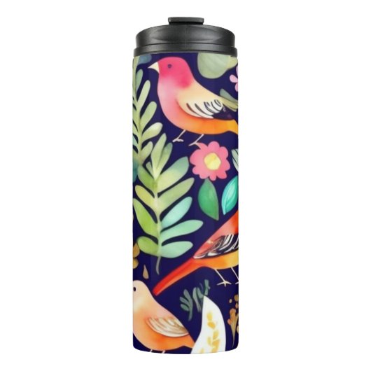 Farbenfrohe Vögel Blumenmuster blaue Dekoration Thermosbecher (Vorderseite)