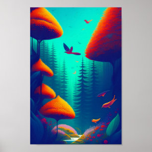 Farbenfrohe Vögel, die über das Waldplakat fliegen Poster